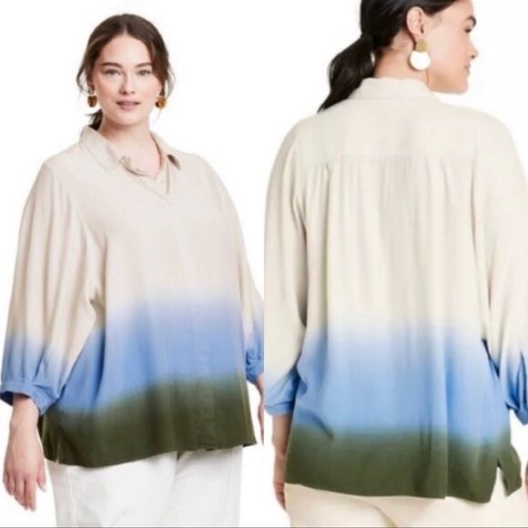Womens Plus Size Dip-Dye Long Sleeve Button-Down Blouse Rachel Comey x Target - Picture 2 of 6